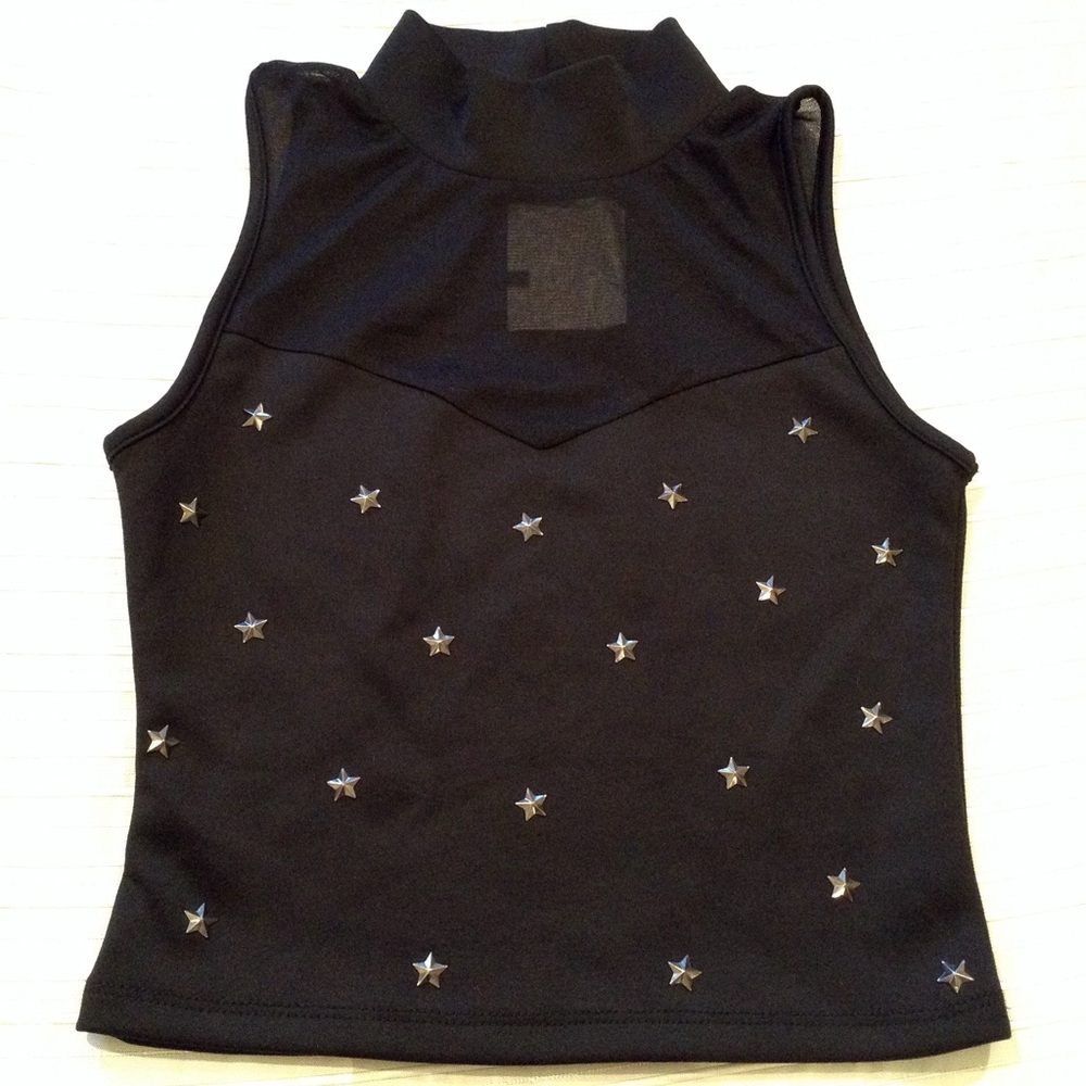 Turtleneck Silver Star Embellished Mesh Top